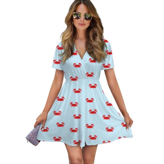 Happy Little Crabs Women Dress V-Neck Short Sleeve Flowy Swing Party Midi Dress