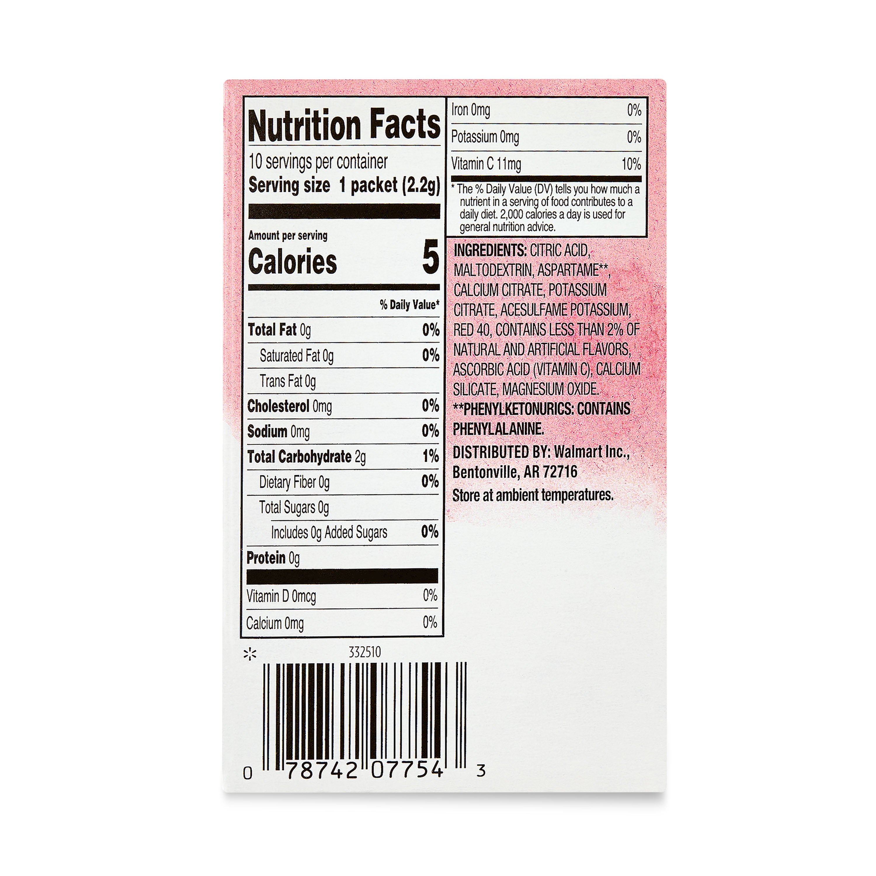 (12 pack) Great Value Sugar-Free Cherry Drink Mix Packets, 0.78 oz, 10 Count