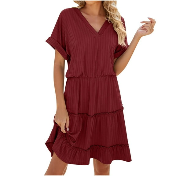 Efsteb Dresses for Women 2025 V-Neck Pleated Elegant Dress Fashion Classic Solid Color Casual Loose Comfy Sundresses Short Sleeve Summer Dresses (Wine,M)