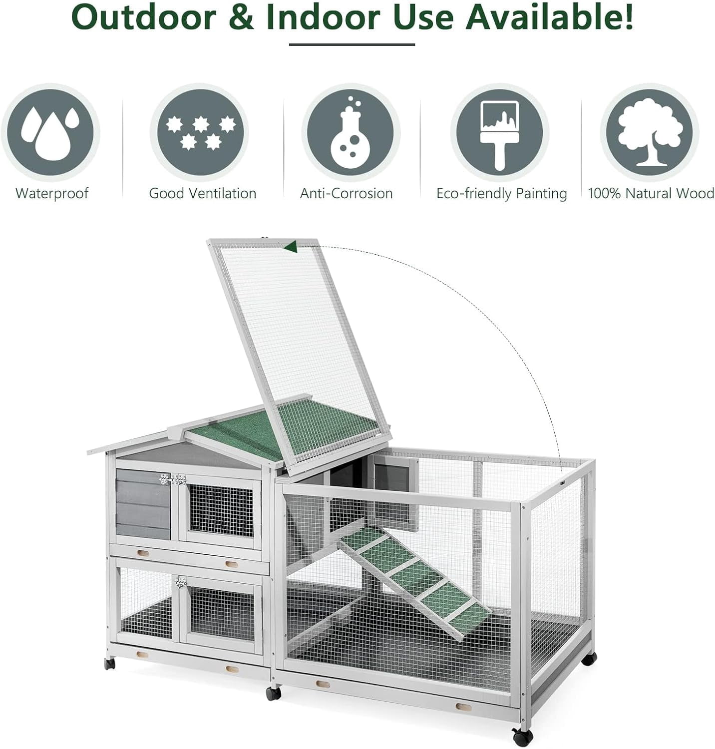 AECOJOY 61.5" Outdoor Wooden Rabbit Hutch, Two-Story Bunny Cage with Wheels, No-Leak Tray and Anti-Slip Ramp