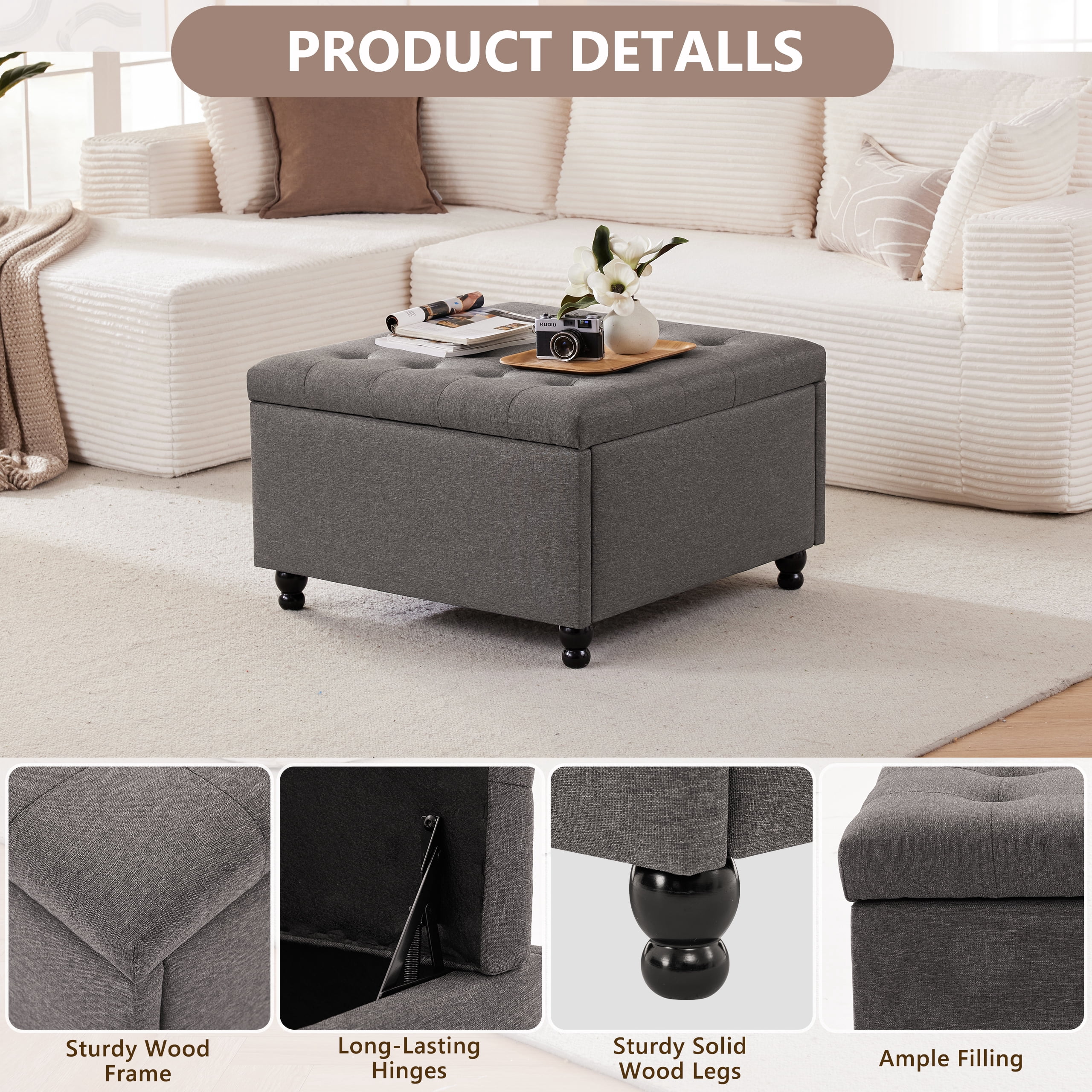 Weture 29.5-Inch Large Square Tufted Upholstered Storage Ottoman Coffee Table, Dark Grey