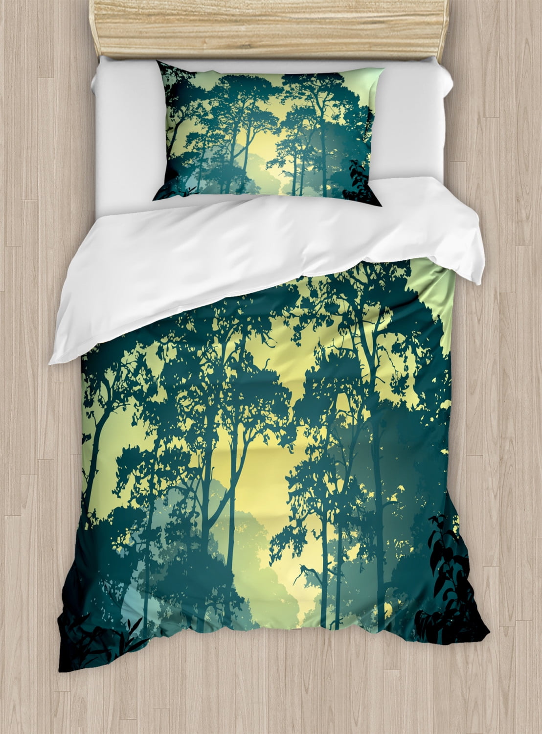 Nature Duvet Cover Set, Mist Forest Scenery with Tree Tops at Sunset