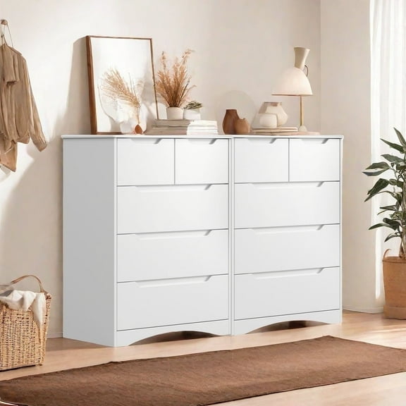 Asofer Bedroom White Dresser Set of 2, 5 Drawer Chest for Living Room Wood Storage Cabinet, 2-Pack
