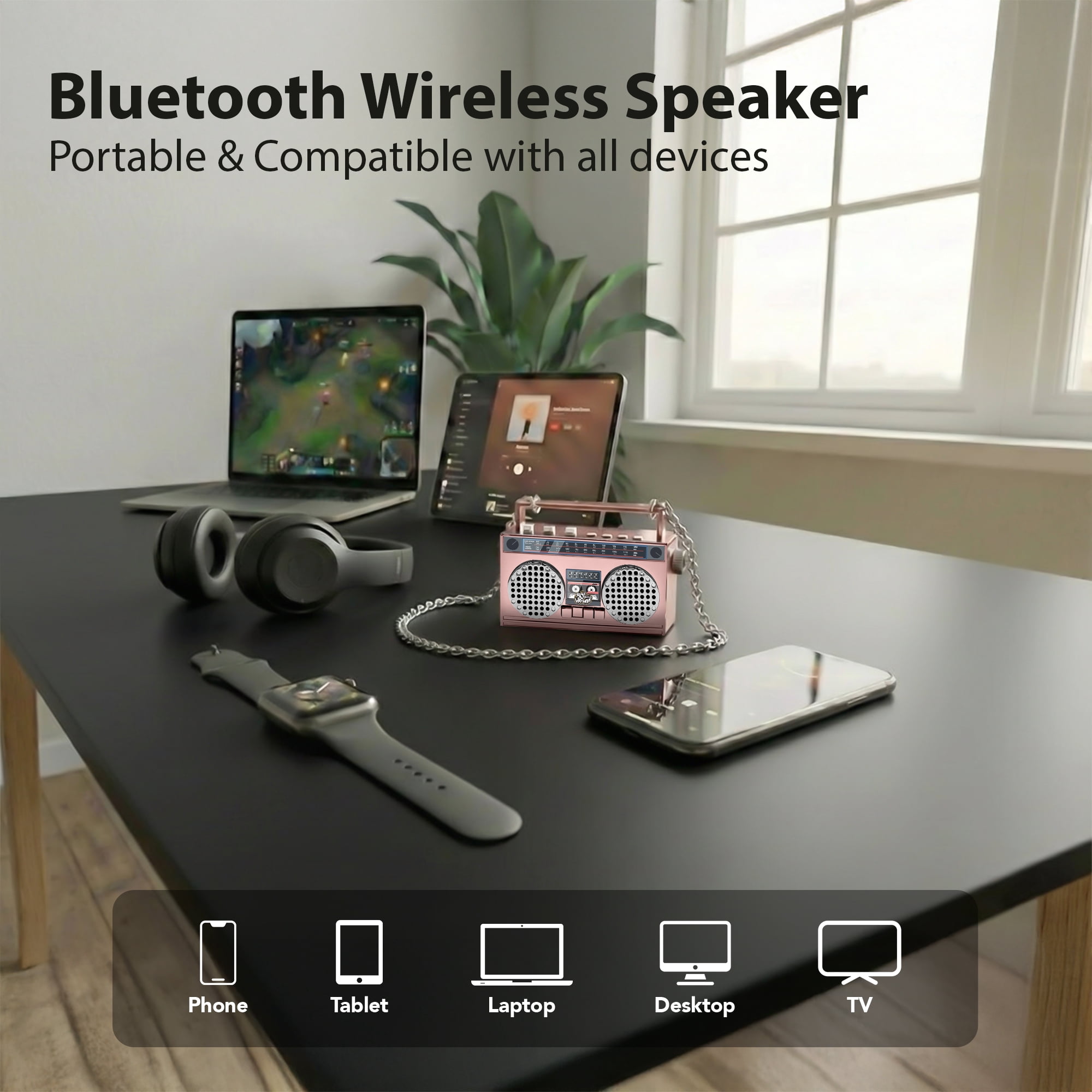 50th Anniversary of Hip Hop Portable Mini Bluetooth Wireless Speaker Retro Wearable Boombox, 27 Inch Necklace, FM Radio, On Board Buttons, Dual 6W Peek Power Micro Speakers, Long Lasting Battery