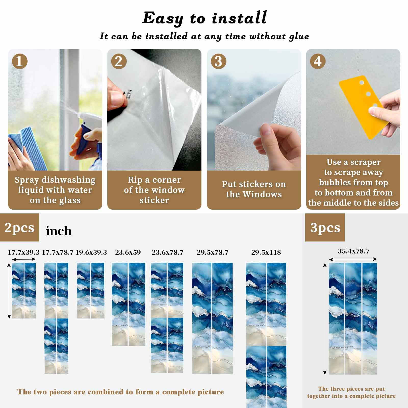 Ocean Waves Window Privacy Film, Gradient Blue White Marble Waves Frosted Glass Window Clings Static Cling UV Heat Blocking Reusable Door Sticker for Bathroom 23.6 x 59 Inch