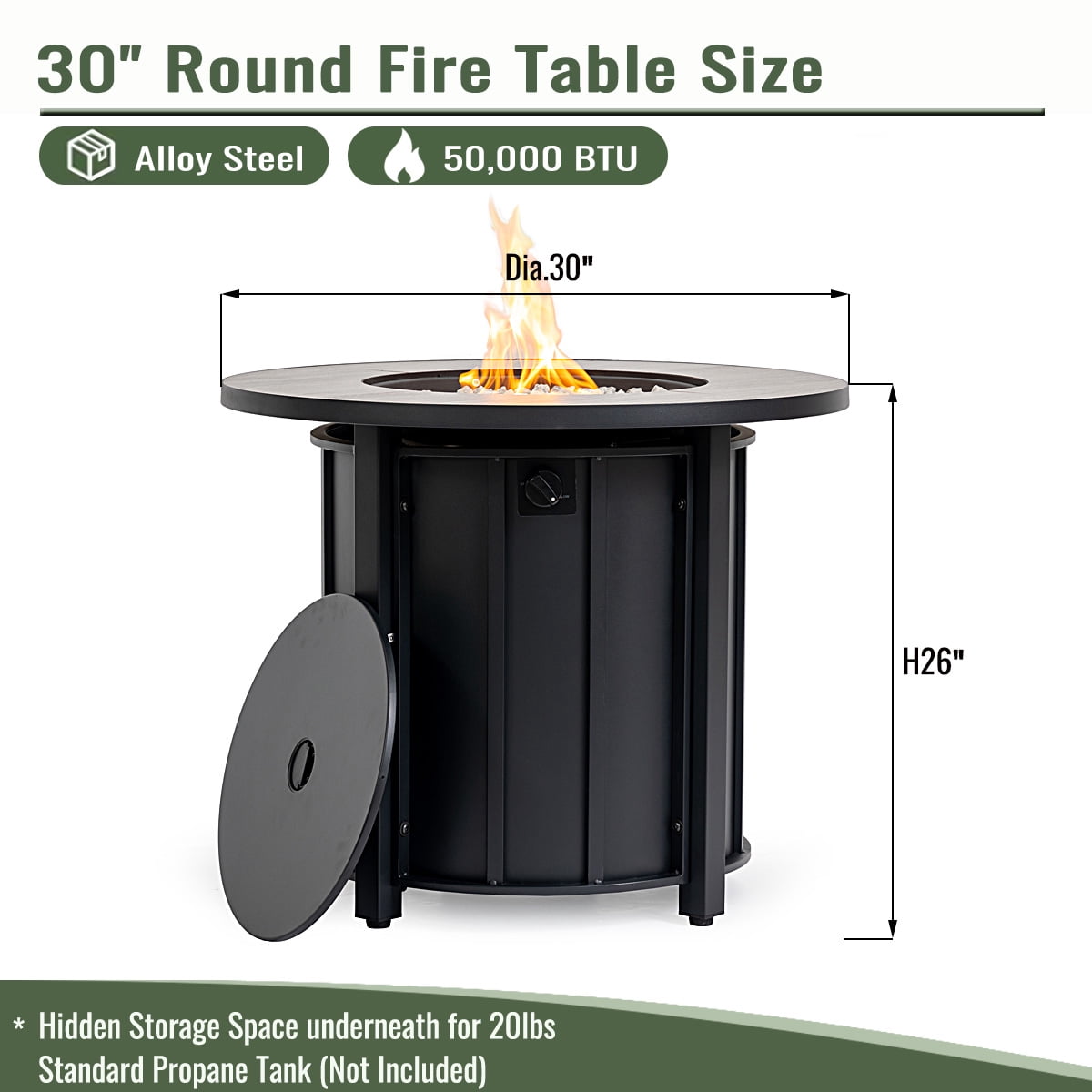 E-Western 30in Propane Fire Pit Table with Wood Grain Ceramic Top 50000 BTU Steel Frame Gas Firepit for Outdoor Patio Garden Backyard Black