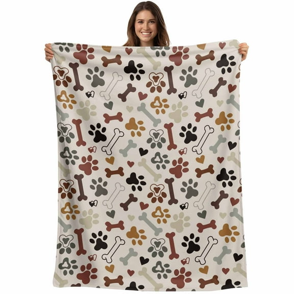 Flannel Fleece Throw Blanket Love Bone Dog Paw Print Lightweight Soft Plush Blankets,Animal Footprints Seamless Cozy Warm Throw Blanket for Couch Sofa Bed Car Office All Season Use 40x50in