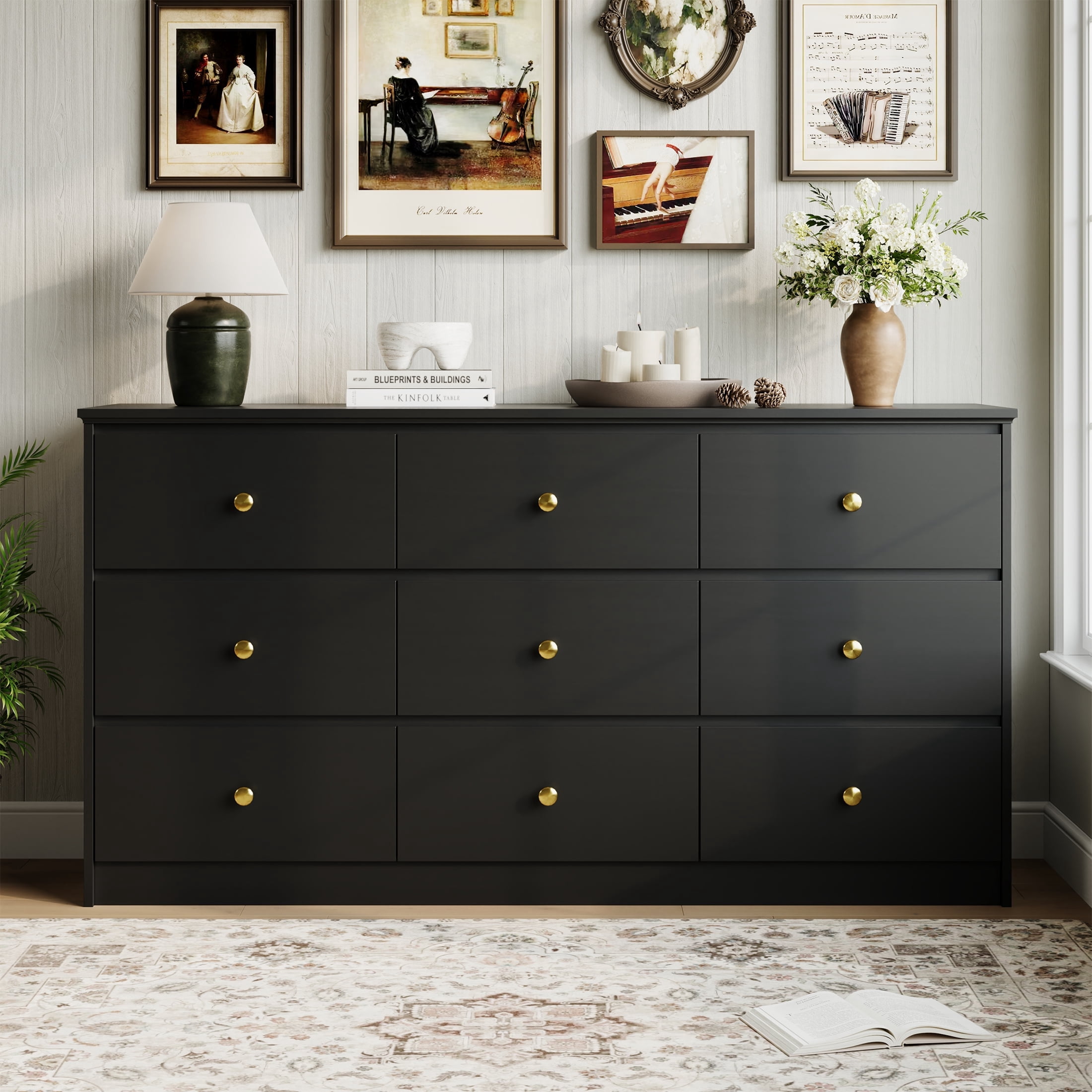 YouTrend 9 Drawer Dresser for Bedroom, Black Wood Adult Dresser with Metal Handles for Living Room, Hallway