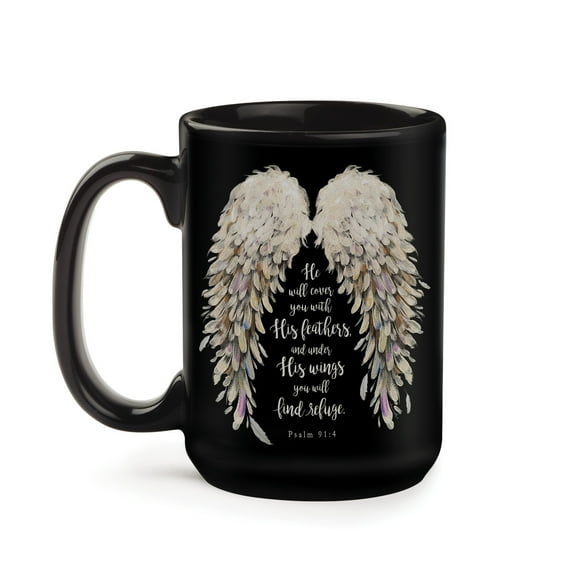 Personalized Planet He Will Cover You With His Feathers Psalm 91:4 Coffee Mug with Spiritual Message on Black Porcelain Cup, 15oz