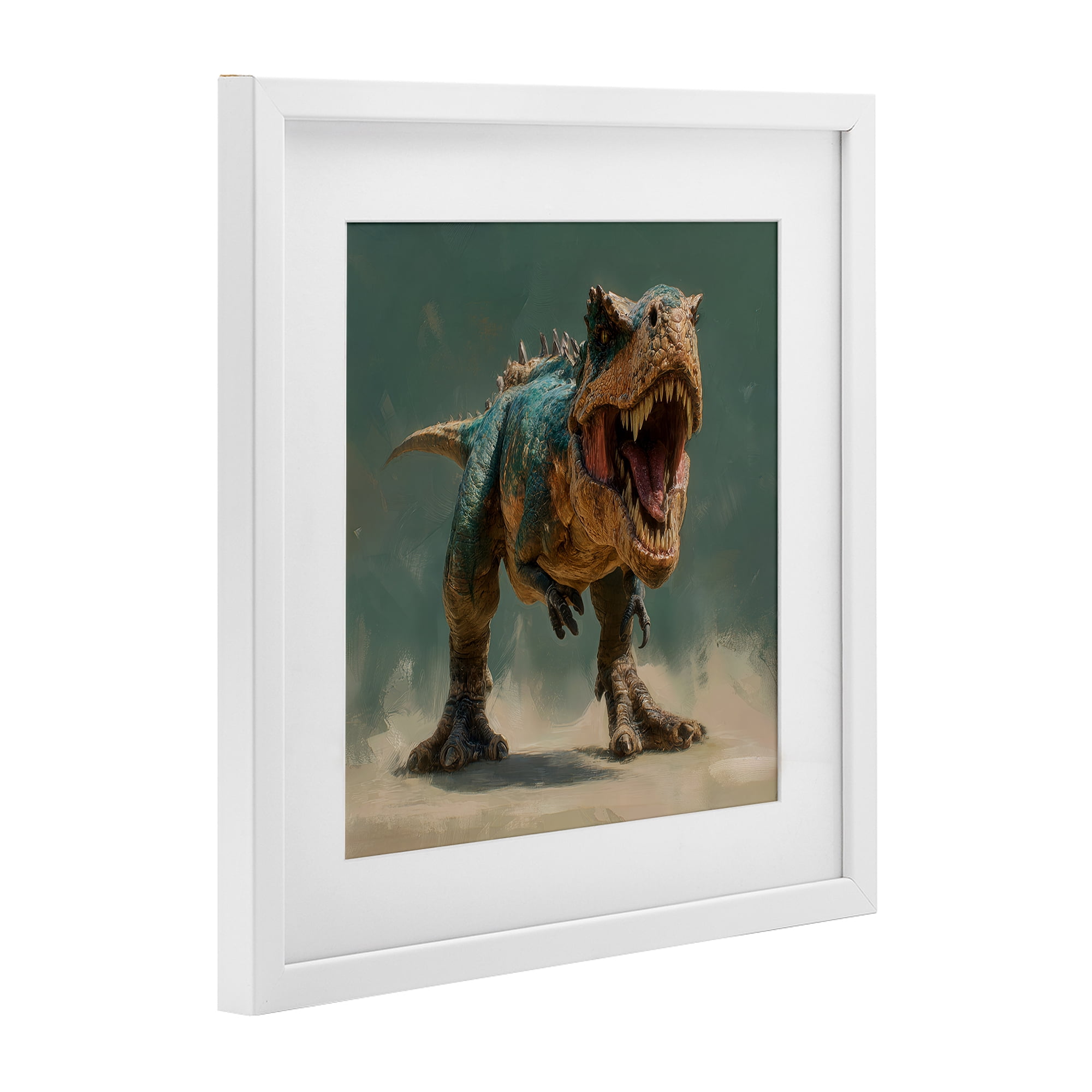 Stupell Industries Roaring T-Rex in Green White Framed Print Under Glass, design by Wumples