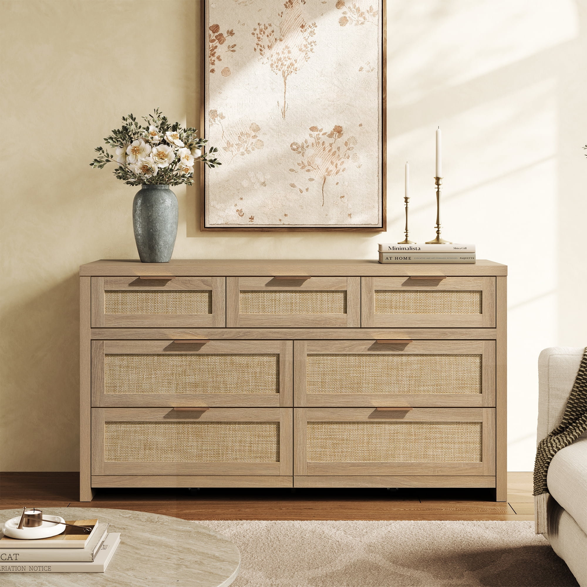 SICOTAS 56.88" Wide 7 Drawer Tall Dressers, Boho Dresser with Oversized Storage Space Rattan Dressers & Chests of Drawer Engineered Wooden Dressers for Bedroom,Reclaimed Light Oak