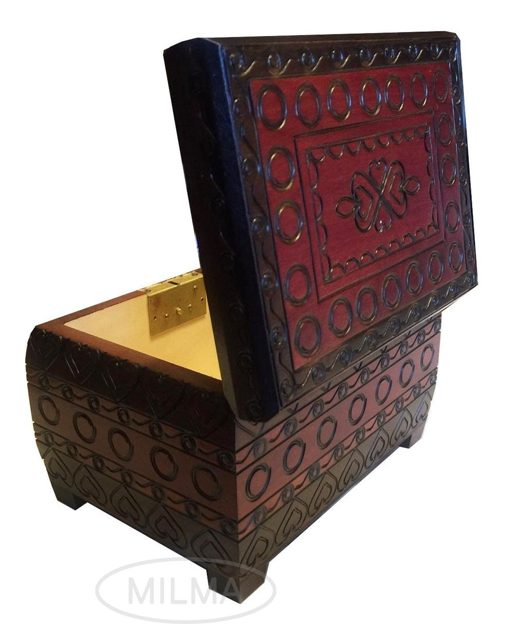 HEARTS Burned Chest Box w/ Lock & Key Handmade Linden Wood Jewelry Heart Keepsake Box from Poland