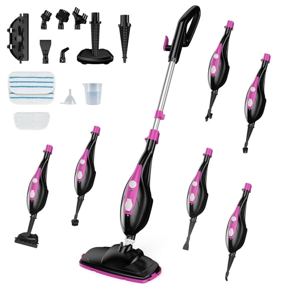 JIOABL 10-in-1 Steam Mop with Handheld Steamer, Multi-Function Floor Cleaner for Hardwood, Tile, Laminate & Carpet,Black Pink