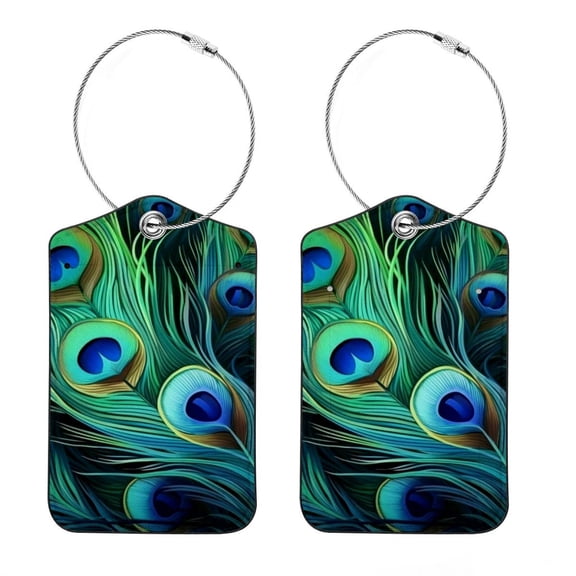 Luggage Tag, Travel Tags, Handbag Tag - Square PU Leather 2 Pack with Privacy Cover and Stainless Steel Ring - Suitable for Travel, Backpack, Handbag [Amazon Approved] Peacock Feather