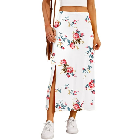 Asklazy Women's Casual Elegant Elastic High Waist Side Split Floral Lilies Midi Skirt