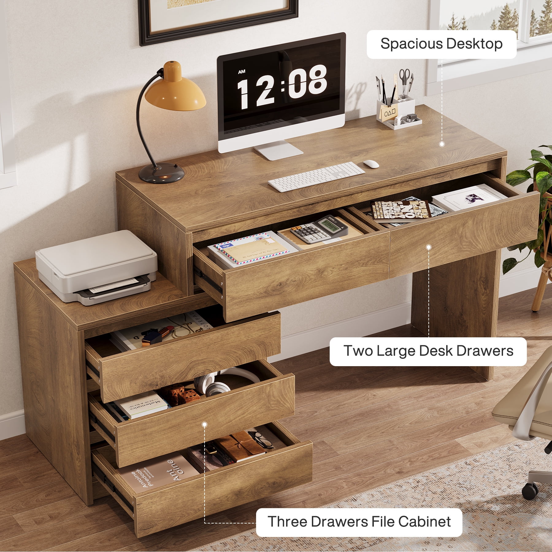 Tribesigns Home Office Computer Desk with 5 Drawers, 63" Executive Desk with 3-Drawer File Cabinet