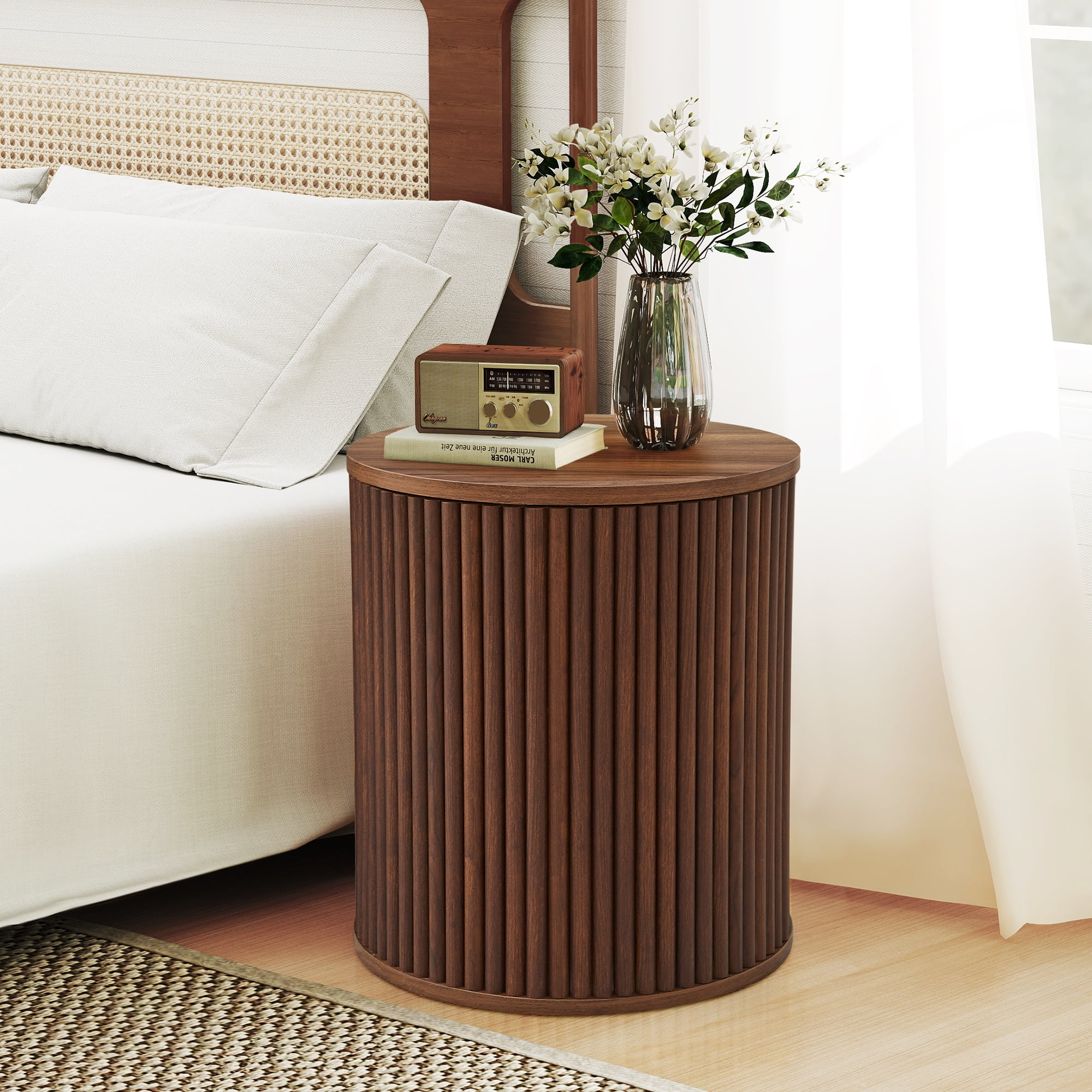 Wirrytor Round Side Table for living room, Fluted End Table for Small Spaces, Mid Century Modern Small Accent Tables, Bedside Table, Couch Side Table, Nightstand for Bedroom Couch,Walnut