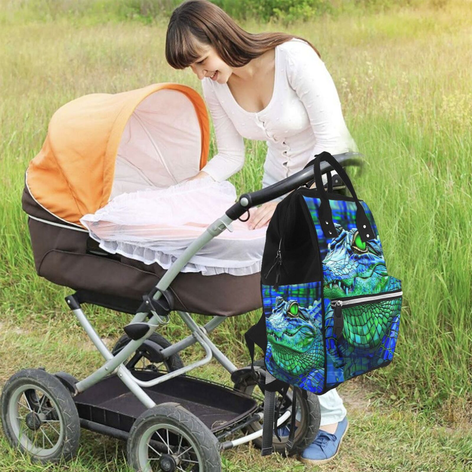 Ratiio Colorful Stained Glass Crocodile Mummy Backpack - Waterproof Twill Canvas, Large Capacity Diaper Bag with Multiple Pockets and Adjustable Straps