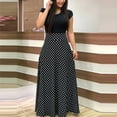 thumbnail image 5 of Printed Splicing Crew Neck Dress Elegant Short Sleeve Slim Waist Pleated Maxi Dress Women's Clothing, 5 of 9