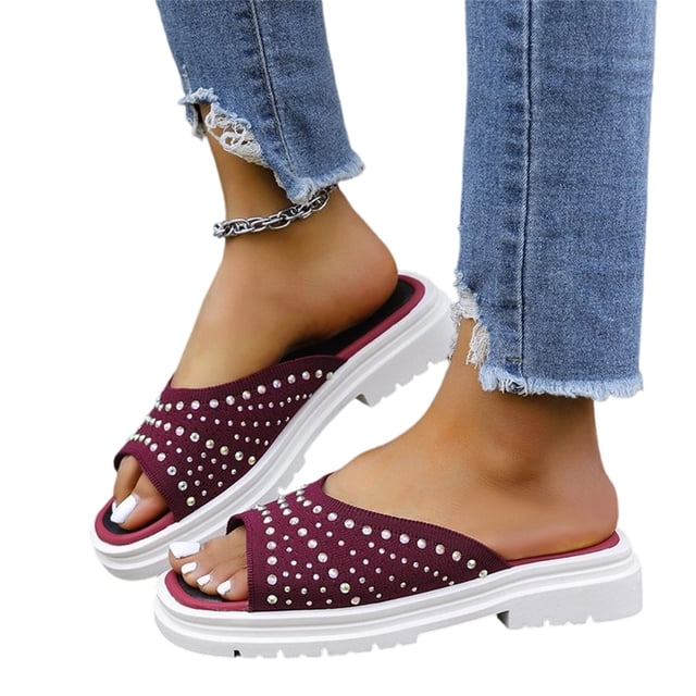 HTHLVMD Embellished Casual Sandals, Sparkly Rhinestone Slides, Party Style Slide Shoes, Ladies Open Toe Slippers With Rhinestone Accent and Woven Mesh Upper for Casual Spring Summer Wear, Wine 7.6