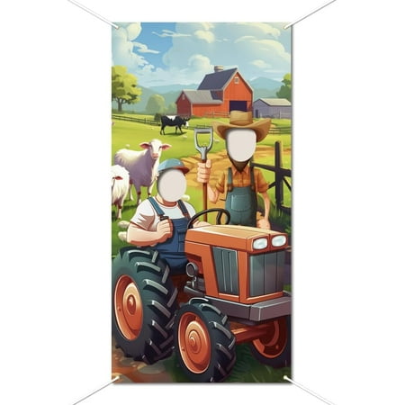 Polyester Farm Animals Photo Door Banner Backdrop Decor Large Fabric Photo Background Props Barnyard Animal Face Photography Banner Farmhouse Funny Birthday Party Game Favor Supply 70.9x35.4 Inch