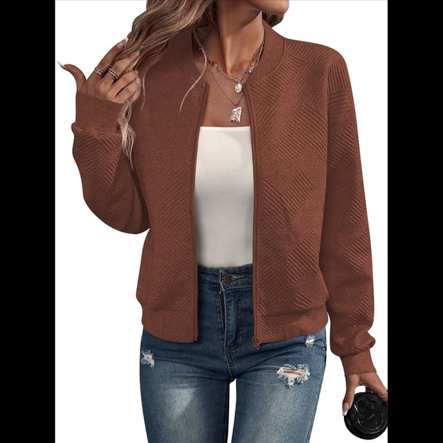 Chaqueta Informal de Mujer con Cuello Alto y Cremallera, Ideal para Otoño. Conjuntos con Bolsillos. Color Caramelo 4XL