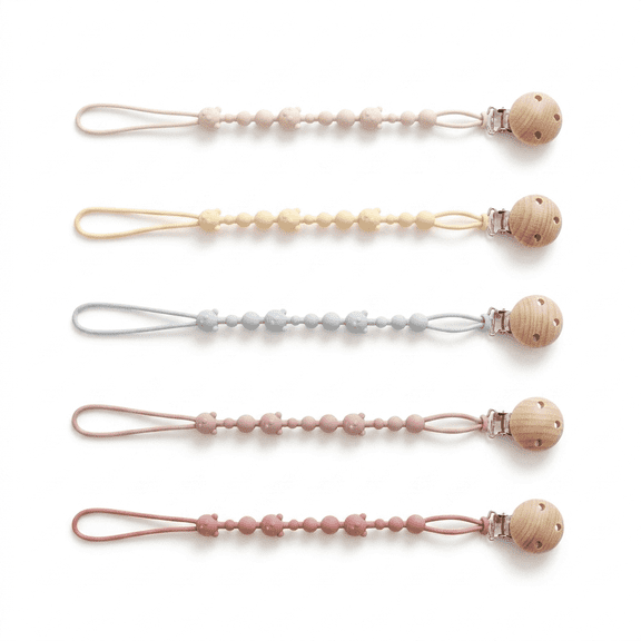 ROSEXIXI 5 Pack Silicone Teething Toys Pacifier Clip Holder with Wood Clip BPA Free for Newborn Infant