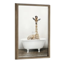 Kate and Laurel Blake Giraffe 2 in Tub Color Framed Printed Glass Wall Art by Amy Peterson Art Studio, 18x24 Gold, Decorative Zoo Animal Art for Wall