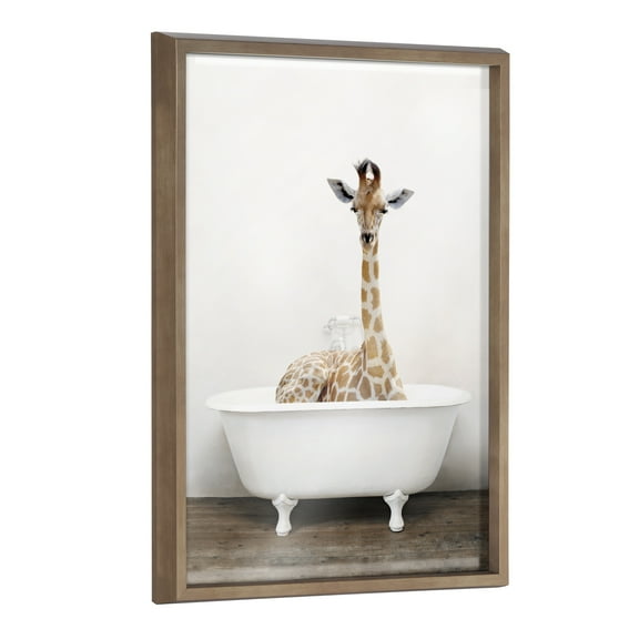 Kate and Laurel Blake Giraffe 2 in Tub Color Framed Printed Glass Wall Art by Amy Peterson Art Studio, 18x24 Gold, Decorative Zoo Animal Art for Wall