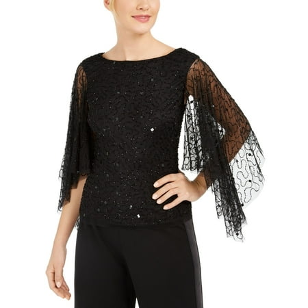 Adrianna Papell Women's Beaded Flutter Sleeve Top Black Size 14