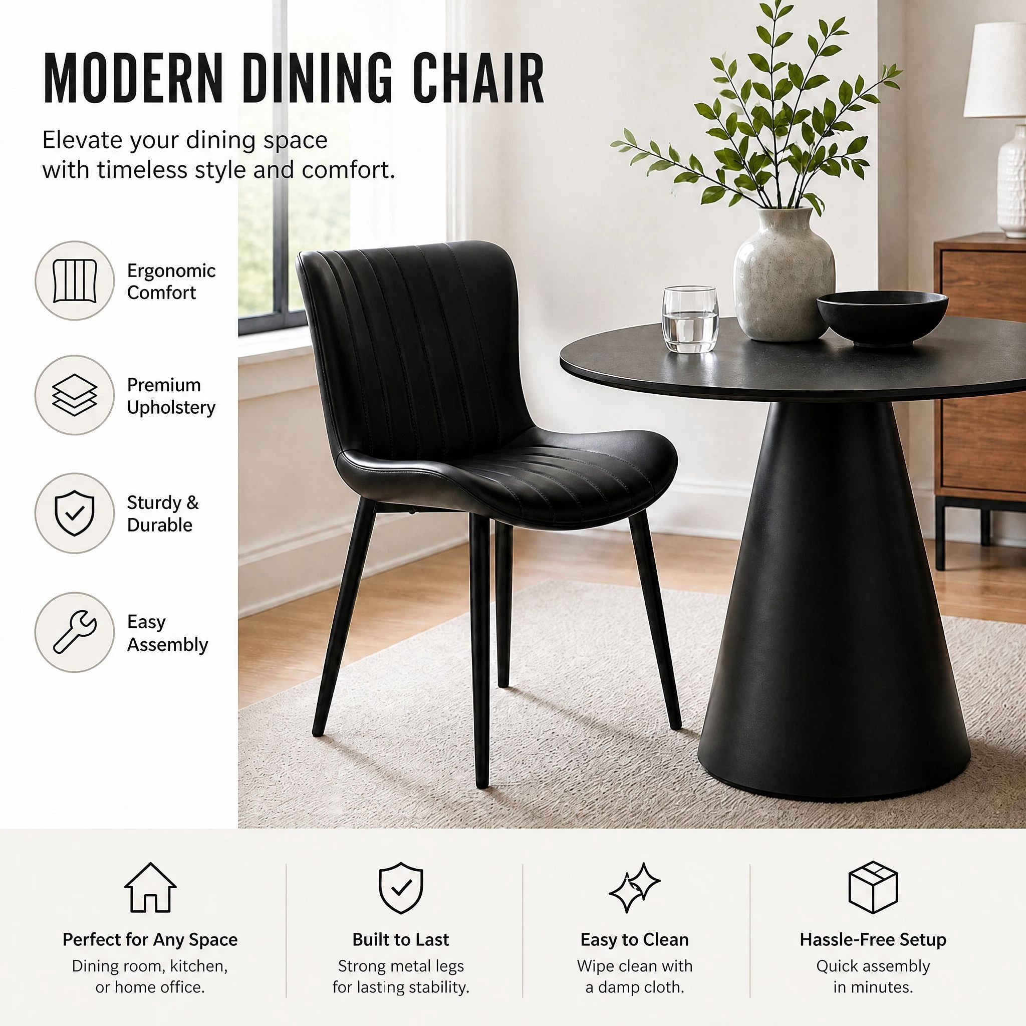Euroco Modern Dining Chairs Set of 2, Accent Chairs with Curved Back and Iron Frame, Kitchen Side Chairs for Bedroom, Living Room,Dining Room,Black