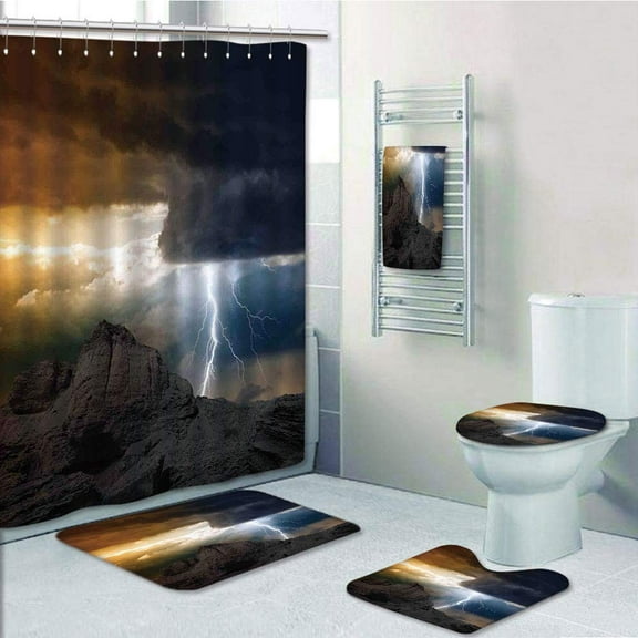 PRTAU Nature Thunder Rays from Dark Clouds Hitting Down to The Mountain Storm 5 Piece Bathroom Set Shower Curtain Bath Towel Bath Rug Contour Mat and Toilet Lid Cover