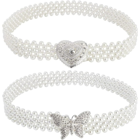Pearl Waist Belts for Women 2pcs Elastic Pearl Belts Wedding Sash Belt White Fashion Butterfly & Heart Buckle with Rhinestone Waistband Waist Chain for Bridesmaid Bridal Dress