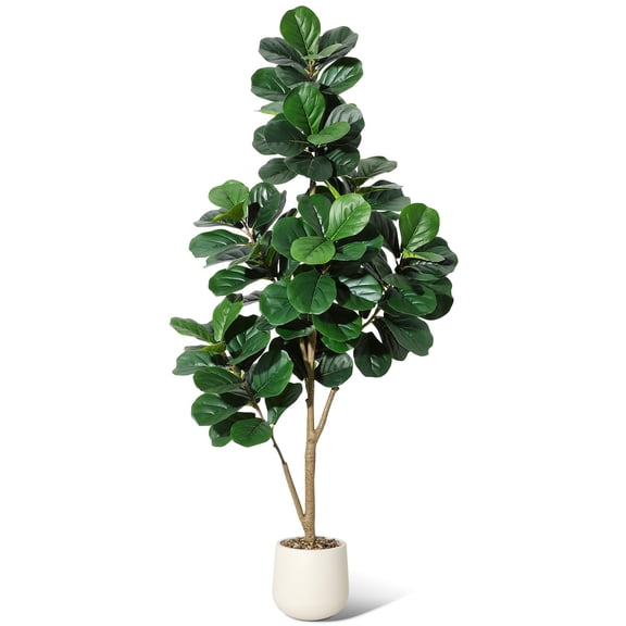 Artificial Fiddle Leaf Fig Tree 6ft – Realistic Faux Ficus Lyrata Floor Plant with White Planter, Indoor Fake Tree for Home Office Living Room Decor