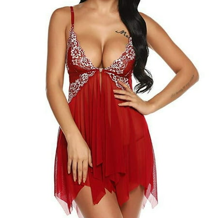 Valentine S Day Women Lace Lingerie Front Closure Babydoll V Neck Nightwear Sexy Chemise Nightie-L