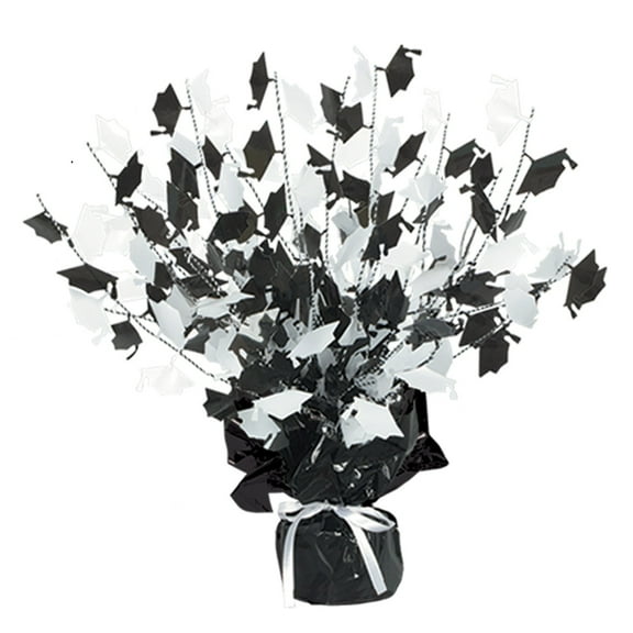 Beistle Club Pack of 12 Black and White Foil Spray Graduate Cap Gleam 'N Burst Centerpieces 15"