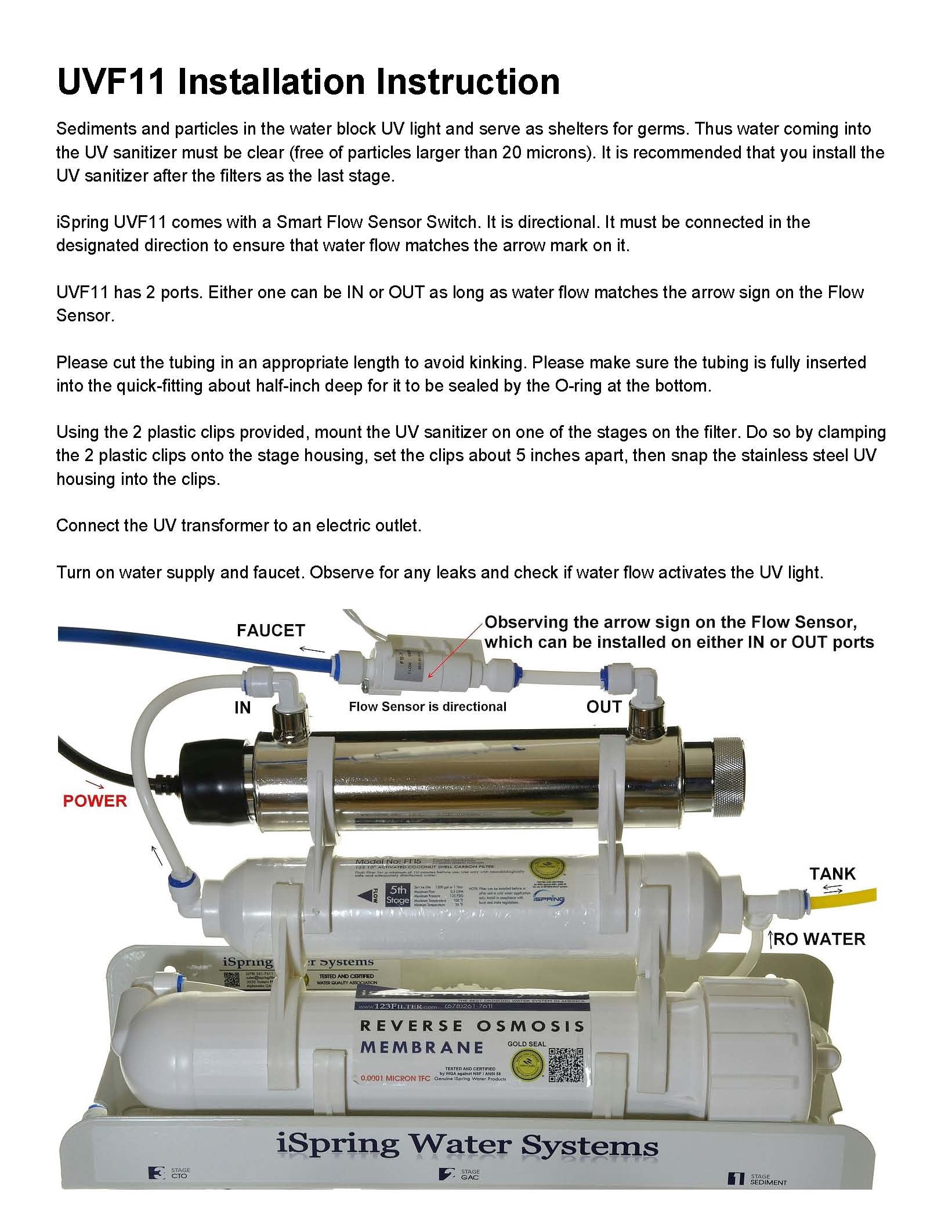 iSpring #UVF11A 11W 10 inch Ultra Violet UV Sterilizer with Smart Flow Control Switch 110V