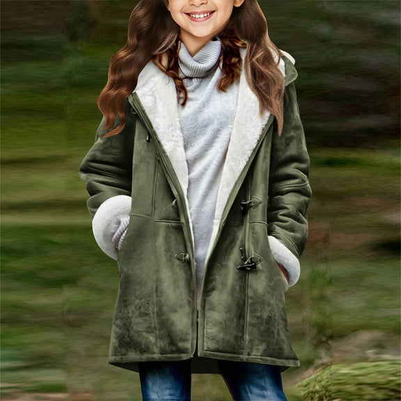 OGLCCG Girls' Faux Suede Jacket with Medium Length Sherpa Lined Hooded Winter Warm Coats Long Sleeve Button Up Fleece Jacket 5-14 Years