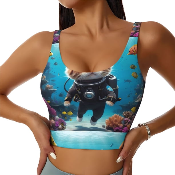 Balery Underwater Diving Cat Sujetadores deportivos con espalda cruzada para mujer, acolchados, sin costuras, de alto impacto, ideales para yoga, gimnasio, entrenamiento y fitness.-Large