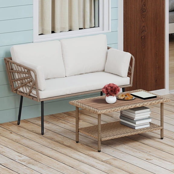 ModFusion 2-Piece Wicker Patio Furniture Set with Outdoor Loveseat, Cushions & Side Table, Beige