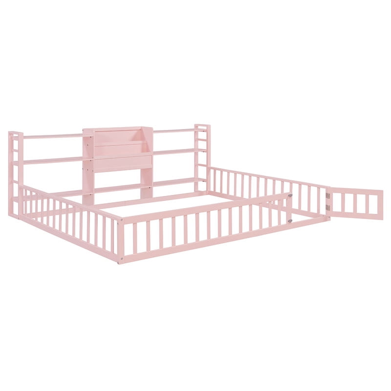 Queen Size Floor Bed Montessori Bed with Integrated Bookcase and 3-Tier Storage Shelves, Wooden Low Profile Toddler Bed Platform Bed with Safety Guardrails for Boys Girls