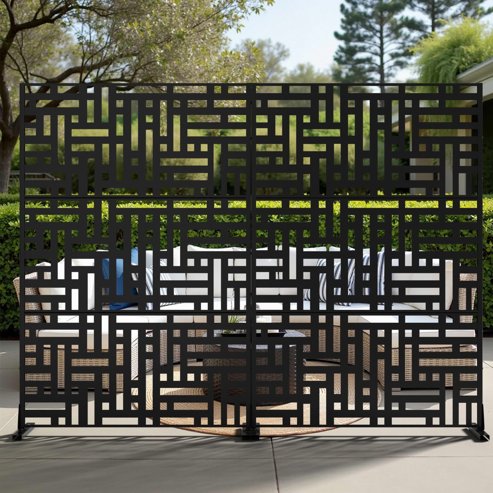 MAYEERTY 72"x47" Outdoor Privacy Screen, 3-Panel Black Street Pattern Galvanized Steel Screen, Decorative Cutout Fence for Patio Yard