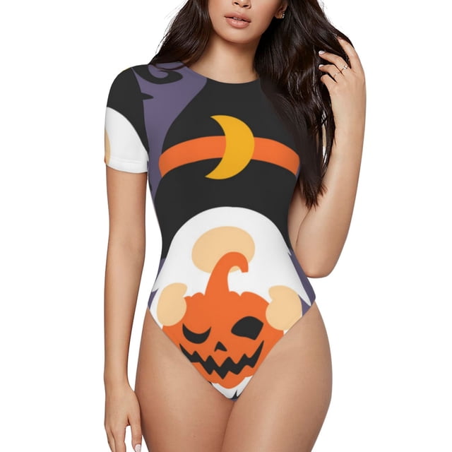 Fotbe Halloween Gnomes Body de Mujer con Cuello Redondo y Mangas Cortas, Sin Mangas Ajustado, Suave, Cómodo y Básico-X-Large
