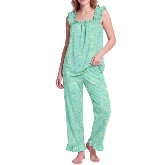 JWD Womens Two Piece Pajama Set Soft Sleeveless Ruffle Strap Cami Top and Long Pants Lightweight Lounge Sleepwear Green Butterfly L