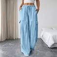 thumbnail image 6 of Women's Wave Textured Wide Leg Cargo Pants, Trendy Design Lightweight Drawstring Elastic Waist Full Length Casual Trousers with Pockets for Office Daily Travel | TruBelle,Light Blue M, 6 of 7
