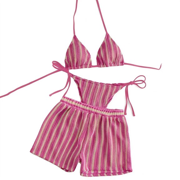 CIENVNSTG Womens Boho Style Three Pieces Bathing Suit Striped Halter Bikini Top With Portable Cover Up Shorts Summer Beach Leisure Swimwear Hot Pink XL