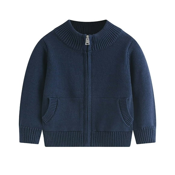 Cardigans pour Enfants Chandail à Fermeture Éclair Complète Col Ras du Cou Coton Uniformes Scolaires Uni Manches Longues Chandails en Tricot avec Poches (6-7T, Marine)