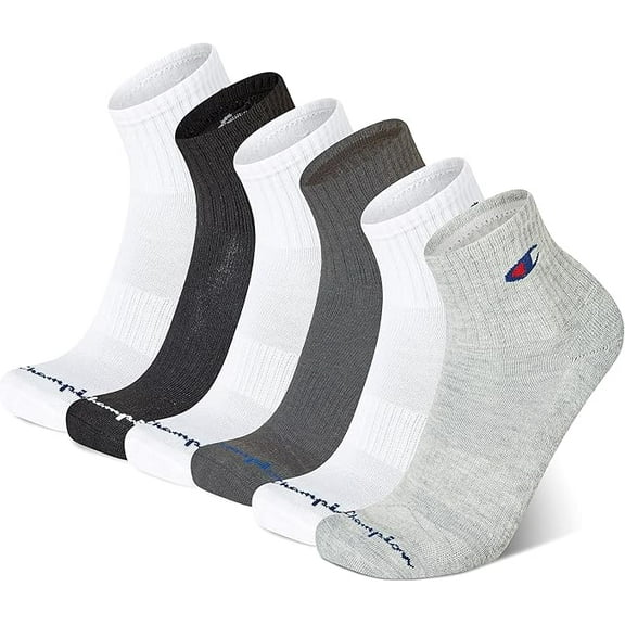 Champion Mens Performance Cushion High Quarter Socks 6-12.5, 6 Pack, Black/White/Grey