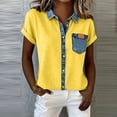 thumbnail image 4 of Miluxas Women's Denim Patchwork Button Down Blouse Short Sleeve Turn Down Collar Top with Pocket Casual Summer Shirts Yellow, 4 of 5