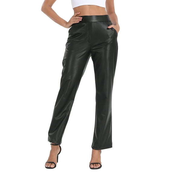 HDE Women's Pull On Faux Leather Kick Flare Pants with Pockets Black - S